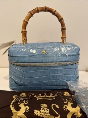 Blue Croc-Embossed Bamboo Handle Top-Handle Bag